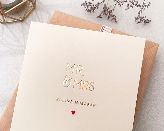 Luxury 'Mr & Mrs Walima Mubarak' Islamic Wedding Card in Gold Foil
