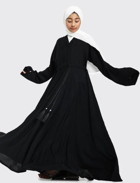 Children Flared Tassel Abaya Black