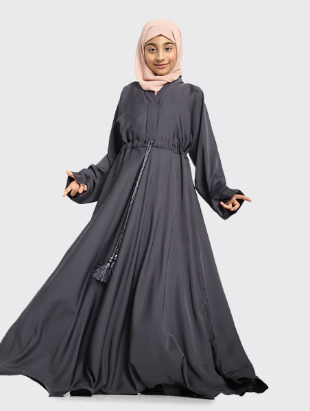 Children Flared Tassel Abaya Grey