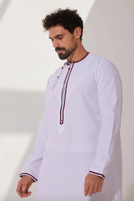 Faris: Omani White Red & Blue Thobe