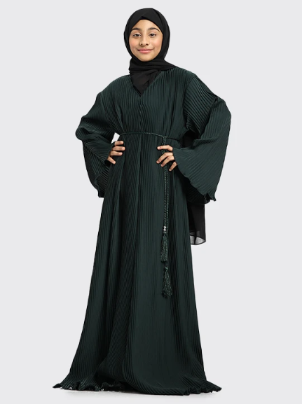 Children Pleated Abaya Bottle Green