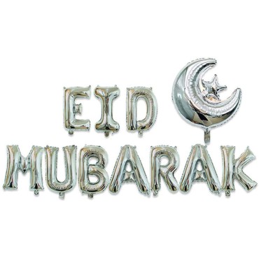EID Mubarak Moon and Star Foil Balloons - Silver