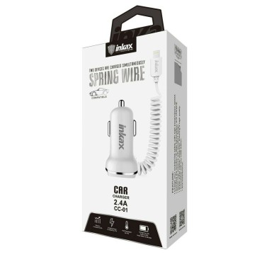 Inkax - Car Charger 2.4A Coiled SpringWire + USB (iPhone)