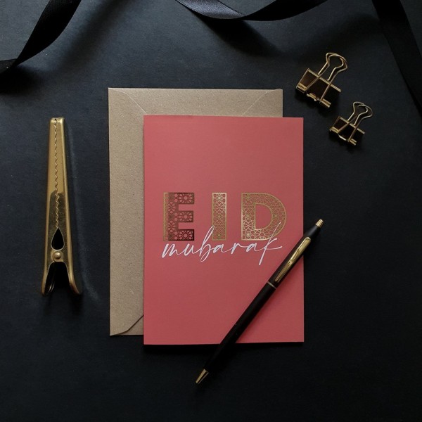 Card: A6 Gold Foiled Red Coral Eid Mubarak Greeting Cards